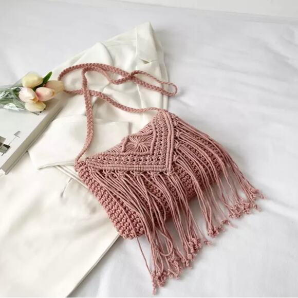 BOHO Crossbody Handbag Pink Macrame Bohemian Bag Purse Lined Sunshine Vibez - Picture 2 of 6